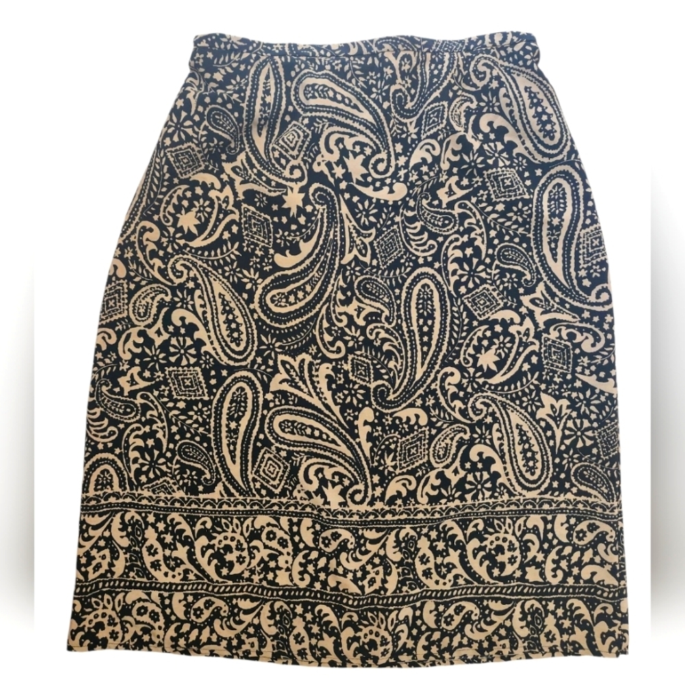 Tack/tan paisley print midi skirt, size 12